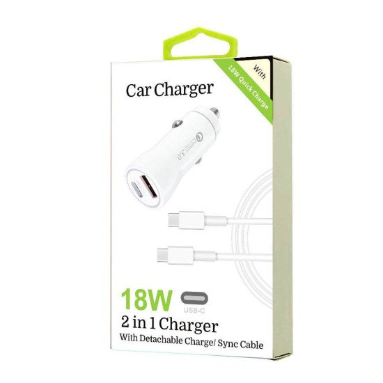 18W PD 2 in 1 Car Charger w/ C to C Cable (white)