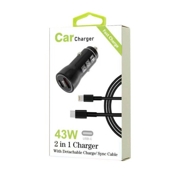 43W 2 in 1 Car Charger w/ 8 Pins to C Cable (black)